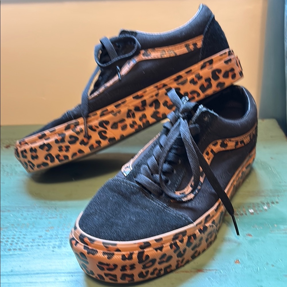 Vans Black and Brown Platform Sneakers with Leopard Print